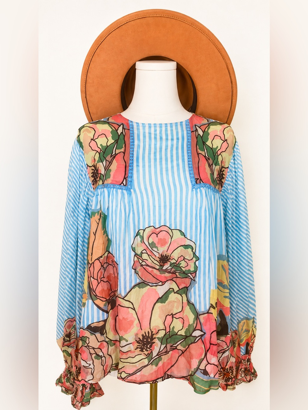 Anthropologie Bl-nk London Blue Stripe Floral Boho Blouse XS | Dopamine L2-31